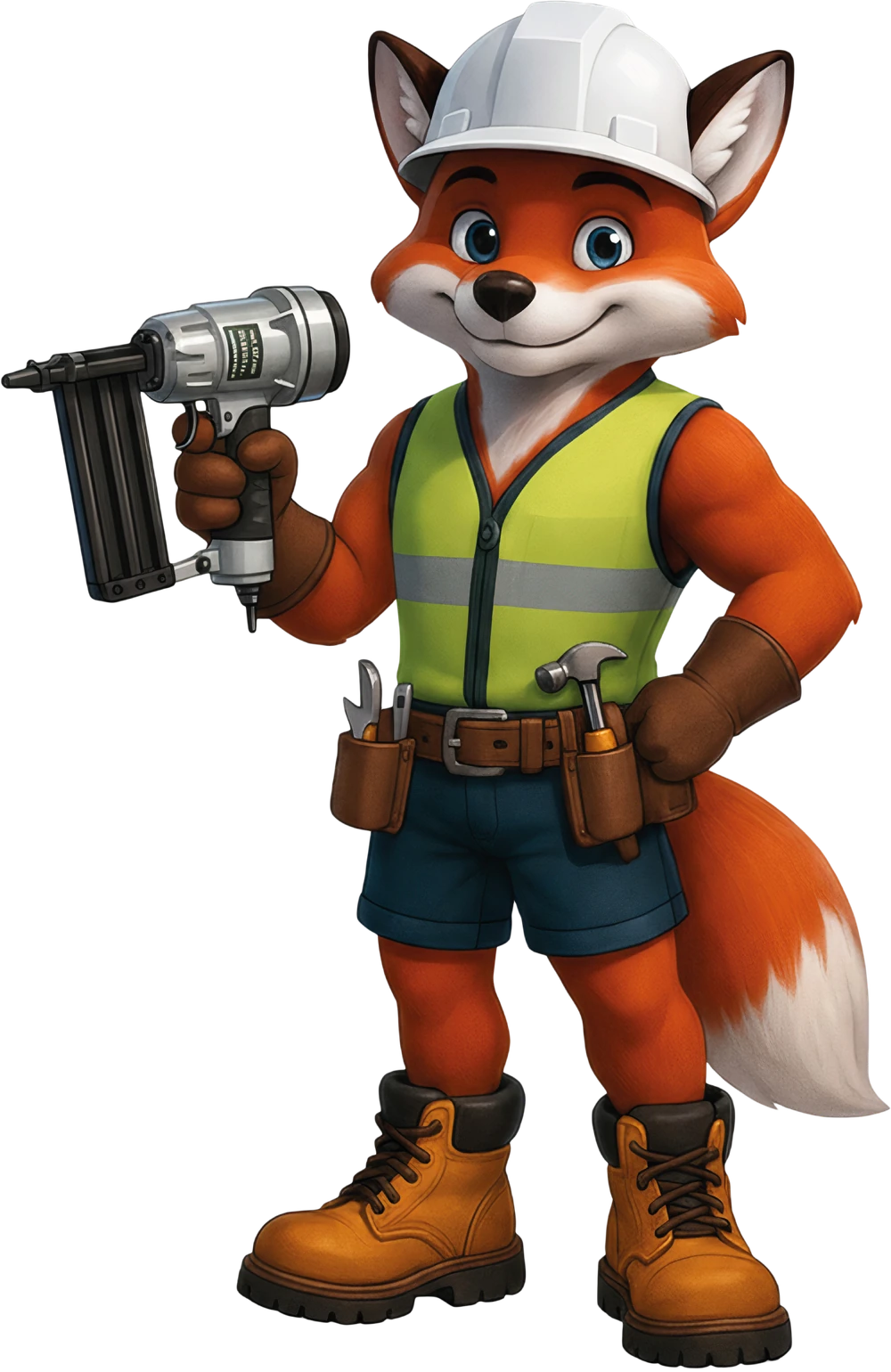 Start Roofing's cartoon fox mascot in a hard hat, safety vest and tool belt, holding a nail gun