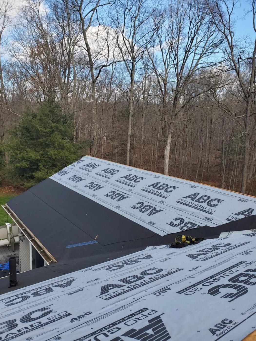 Close-up of ABC ProGuard synthetic roofing underlayment along a ridge with bare winter trees behind
