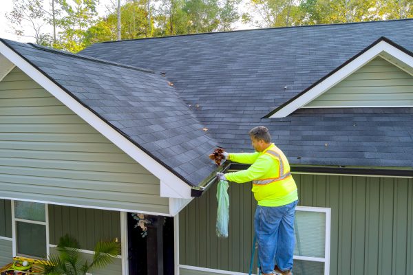 Worker on a ladder clearing a gutter along a green-sided house with a gray shingle roof